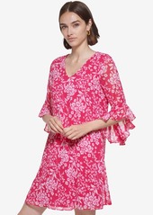Calvin Klein Women's Floral-Print Chiffon 3/4-Sleeve Dress - Hibiscus White