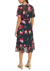 Calvin Klein Women's Flutter-Sleeve Faux-Wrap Dress - Indigo Multi