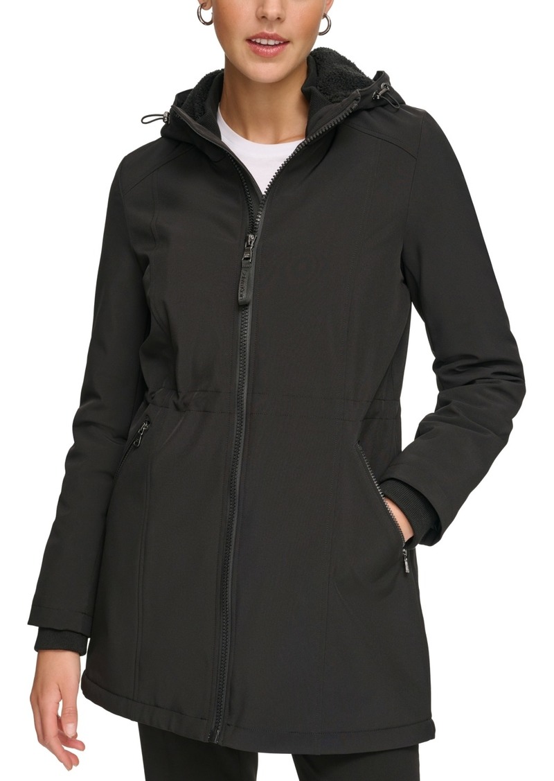 Calvin Klein Womens Hooded Faux-Fur-Lined Anorak Raincoat - Black