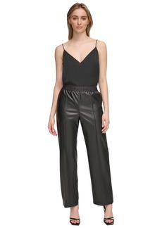 Calvin Klein Women's Logo-Waist Faux Leather Pull-On Pants - Black