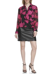 Calvin Klein Women's Long Sleeve Faux Wrap Blouse BLK/Cerise