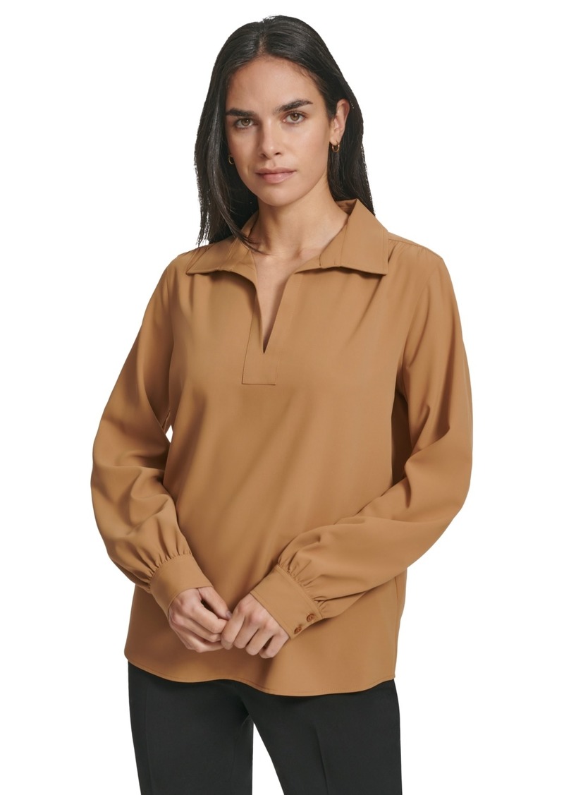 Calvin Klein Women's Long Sleeve V-Neck Collared Blouse - Saddle