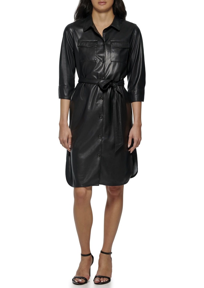 CALVIN KLEIN Women's Modern Edgy Faux Leather Belted Dress