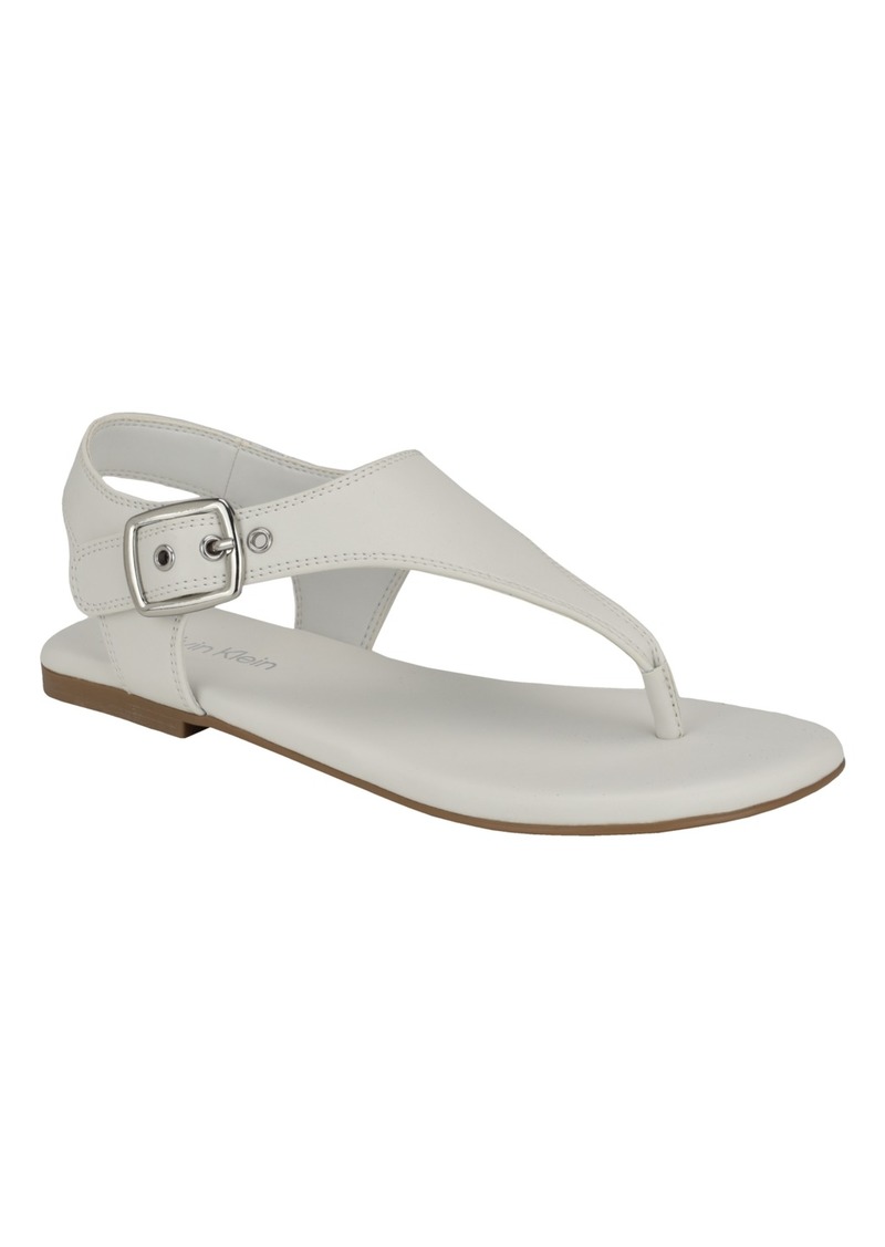 Calvin Klein Women's Moraca Round Toe Flat Casual Thong Sandals - White- Faux Leather - Polyurethane