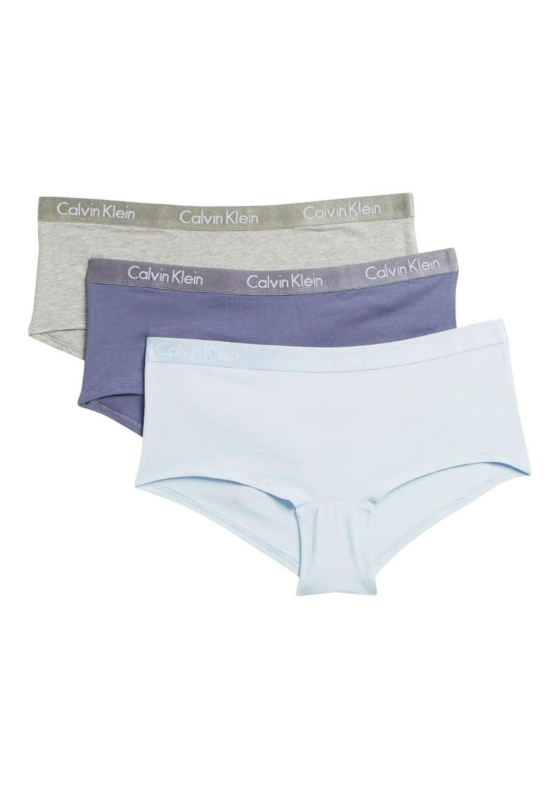 Calvin Klein Women's Motive Cotton Boyshort Panties 3 Pack SCORCHED Denim/Grey Heather/Omphalodes