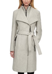 Calvin Klein Women's Faux-Leather Trim Belted Wrap Coat, Created for Macy's