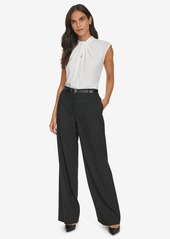 Calvin Klein Women's Pinstripe Belted Wide Leg Pants - Blk Cream