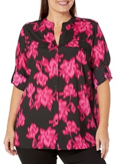 Calvin Klein Women's Plus Printed Roll Tab Sleeve BLK/Cerise