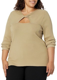 Calvin Klein Women's Plus Size Everyday Viscose Nylon Knot Key Hole Ribbed Sweater CHAI