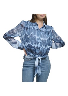 Calvin Klein Women's Plus Size Flowy Knotted Button Front Printed Long Sleeve Blouse