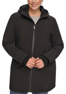 Calvin Klein Womens Plus Size Hooded Faux-Fur-Lined Anorak Raincoat, Created for Macys - Black