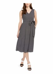 Calvin Klein Women's Plus Size Sleeveless V Neck Midi Dress with Self Sash Waist