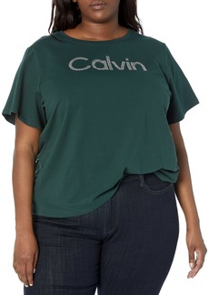 Calvin Klein Women's Plus Size Soft Rhinestone Detail Sparkly Cotton Span Jersey Everyday T Shirt