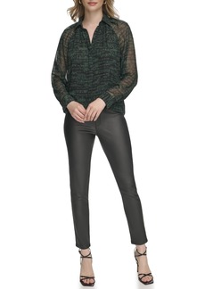 Calvin Klein Women's Printed Button Up Long Sleeve Blouse MALCHTE/BLK