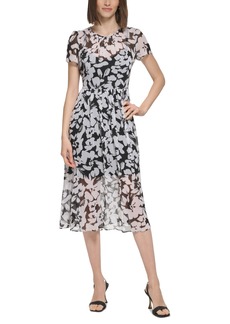 Calvin Klein Women's Printed Chiffon Short-Sleeve Midi Dress - Black/White