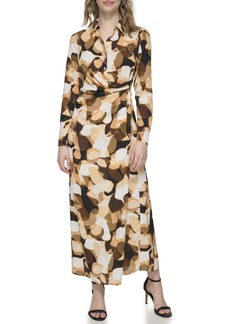 Calvin Klein Women's Printed Faux Wrap Dress (Standard and Plus Size) BLK/Caramel