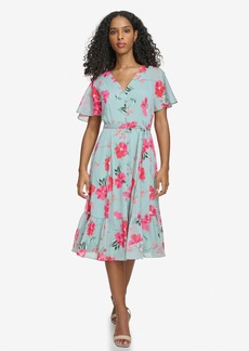 Calvin Klein Women's Printed Flutter-Sleeve Button-Front Dress - Jadeite Multi