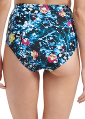 Calvin Klein Women's Printed High-Waist Draped-Front Tummy-Control Swim Bottoms - Digital Poppy Black Multi