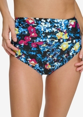 Calvin Klein Women's Printed High-Waist Draped-Front Tummy-Control Swim Bottoms - Digital Poppy Black Multi