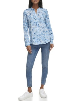 Calvin Klein Women's Printed Roll Tab Sleeve Blouse Top