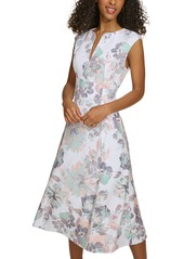 Calvin Klein Women's Printed Split-Neck Midi Dress - Seaspray Multi