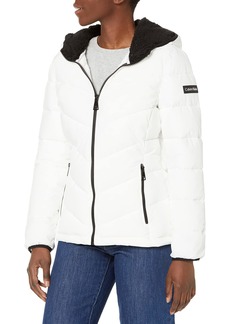 Calvin Klein Women's Quilted Down Jacket with Removable Faux Fur Trimmed Hood  L