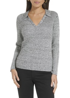Calvin Klein Women's Rayon Collared Rib Long Sleeve Sweater BLK/SFT WHT Multi 2