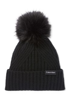 Calvin Klein Women's Ribbed Furry Pom Pom Hat - Black