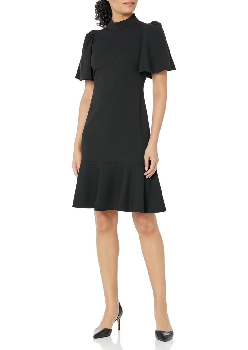 Calvin Klein Women's Ruffle Sleeves High Neck Scuba Crepe Dress