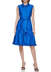 Calvin Klein Women's Short Sleeve Collared Tiered Dress with Button Down Front and Belt