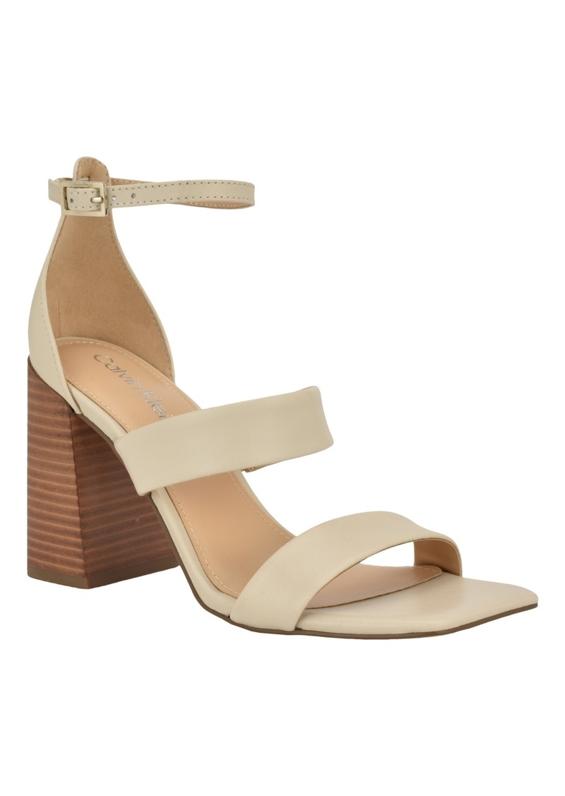 Calvin Klein Women's Sheryl Block Heel Square Toe Dress Sandals - Ivory Leather