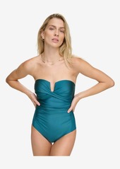 Calvin Klein Women's Shirred Tummy-Control Split-Cup Bandeau One-Piece Swimsuit - Black Shimmer