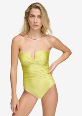 Calvin Klein Women's Shirred Tummy-Control Split-Cup Bandeau One-Piece Swimsuit - Cypress Shimmer