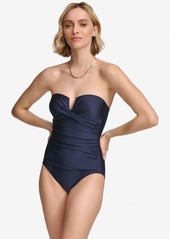 Calvin Klein Women's Shirred Tummy-Control Split-Cup Bandeau One-Piece Swimsuit - Black Shimmer
