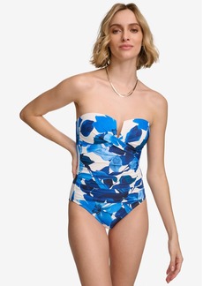 Calvin Klein Women's Shirred Tummy-Control Split-Cup Bandeau One-Piece Swimsuit - Soft White Multi