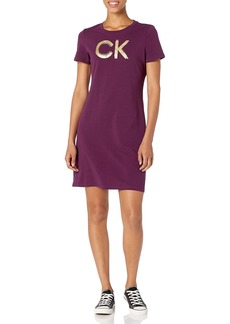 Calvin Klein Women's Short Sleeve Logo T-Shirt Dress Aubergine with Rhinestones XL