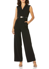 Calvin Klein Women's Sleeveless Belted Jumpsuit with V Neck Collar