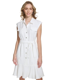 Calvin Klein Women's Sleeveless Belted Shirtdress - Soft White