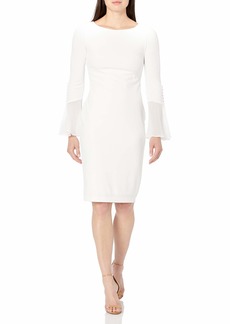 Calvin Klein Women's Solid Sheath with Chiffon Bell Sleeves Dress  Soft White