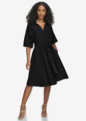 Calvin Klein Women's Split-Neck Puff-Sleeve A-Line Dress - Black