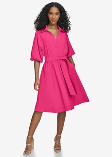 Calvin Klein Women's Split-Neck Puff-Sleeve A-Line Dress - Watermelon