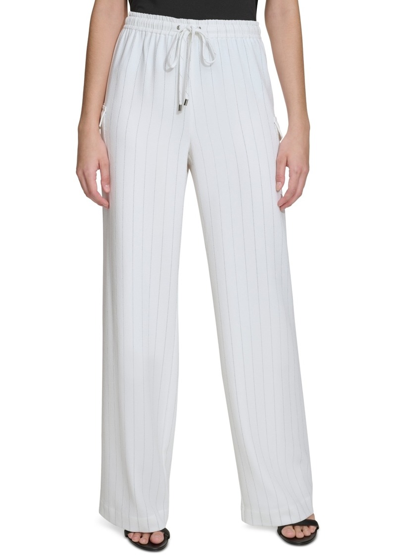Calvin Klein Women's Striped Drawstring-Waist Cargo Pants - Soft White/Black
