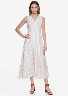 Calvin Klein Women's Striped Wrap Midi Dress - Khaki Mult
