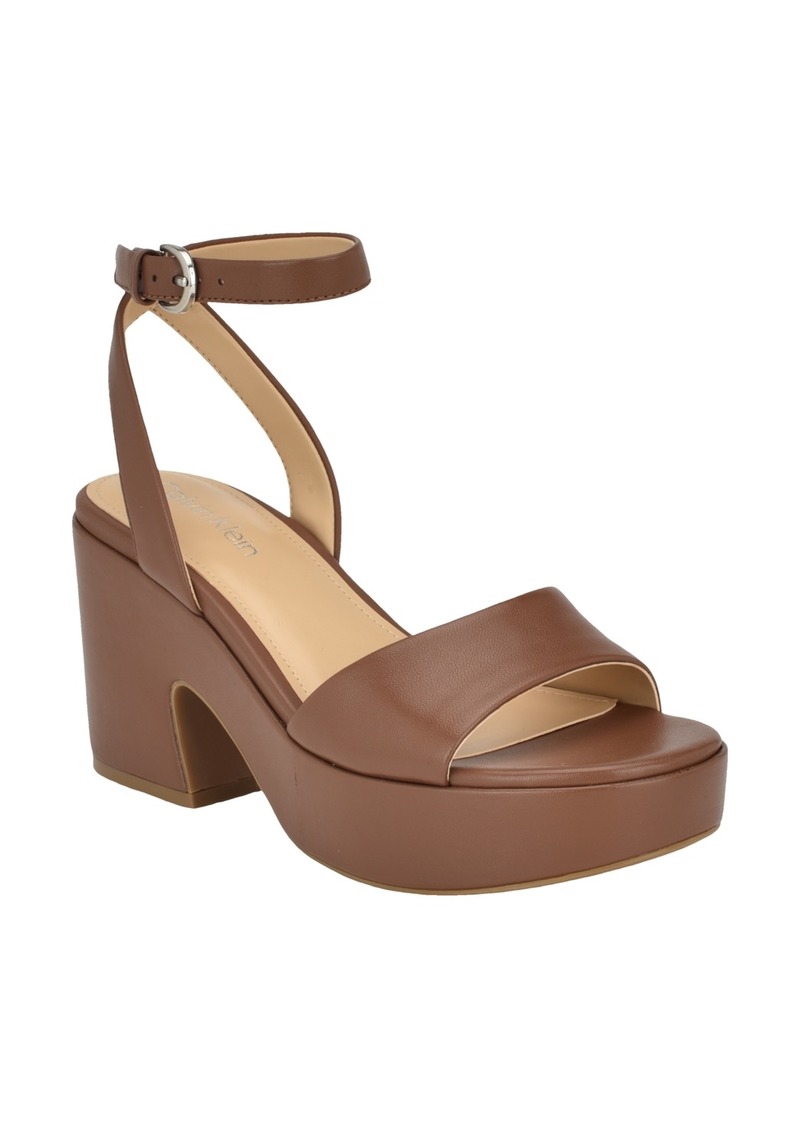 Calvin Klein Women's Summer Wedge Sandals - Medium Brown Leather -with Manmade Sole