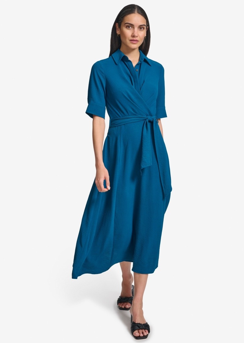 Calvin Klein Women's Tie-Waist Elbow-Sleeve Shirtdress - Cypress