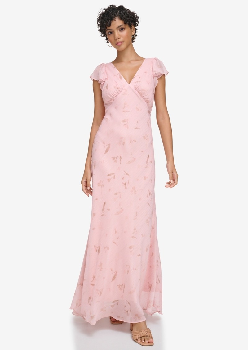 Calvin Klein Women's V-Neck Flutter-Sleeve Maxi Dress - Silver Pink Multi