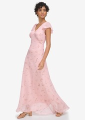 Calvin Klein Women's V-Neck Flutter-Sleeve Maxi Dress - Silver Pink Multi