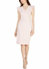 Calvin Klein Women's V Neck Puff Sleeve Sheath with Asymmetrical Collar Dress