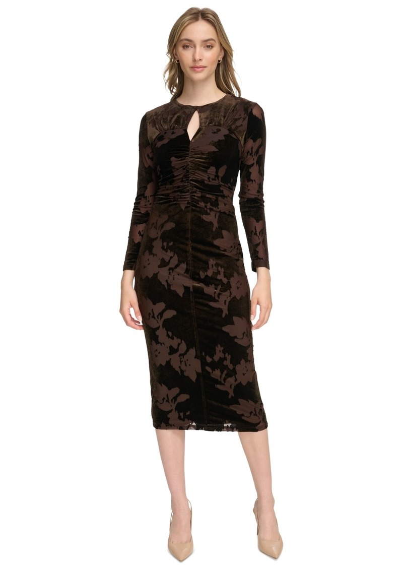 Calvin Klein Women's Velvet Burnout Keyhole Ruched Dress - Coffee Bean