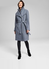 Calvin Klein Womens Wool Blend Belted Wrap Coat, Created for Macys - Black Plaid